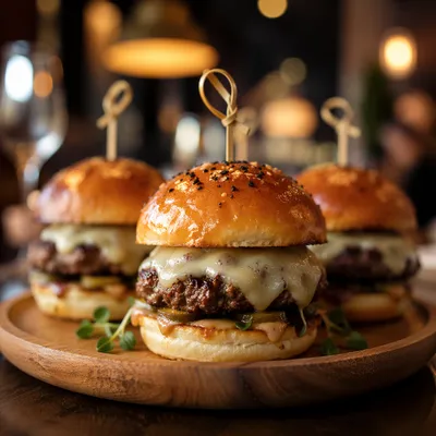 Gourmet Mini Burgers on Wooden Board