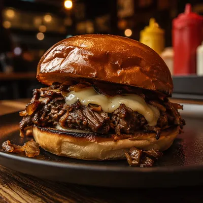 Gourmet Shredded Beef Burger Close Up