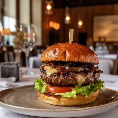 Gourmet Burger Close-Up in Warm Restaurant