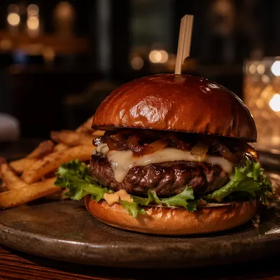 Gourmet Burger in Warm Restaurant Light