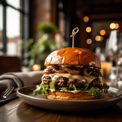 Gourmet Burger Close Up in Warm Restaurant