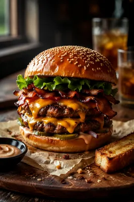Gourmet Bacon Cheeseburger in Warm Restaurant Light
