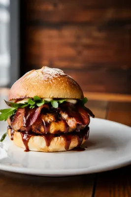 Gourmet Burger Close-Up on White Plate
