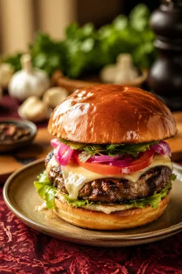 Gourmet Burger Close Up on Red Tablecloth
