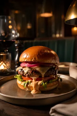 Gourmet Burger Close Up in Warm Restaurant
