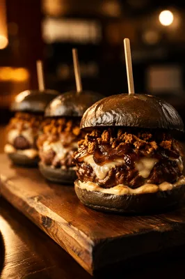 Gourmet Restaurant Burgers on Wooden Board