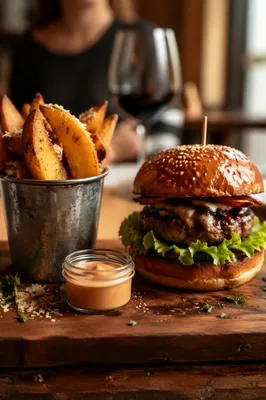 Gourmet Burger and Potato Wedges Close Up
