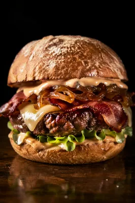 Gourmet Restaurant Burger Close-Up on Wood