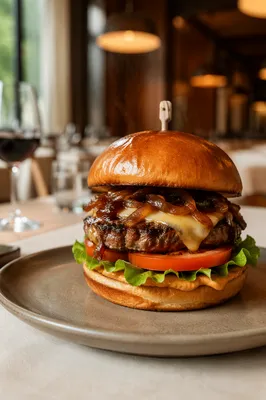 Gourmet Burger Close-Up in Upscale Restaurant