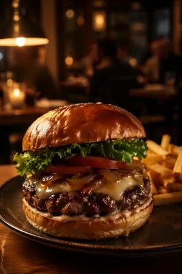 Gourmet Burger Close Up in Warm Restaurant