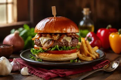 Gourmet Burger Close Up on Rustic Table