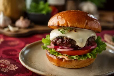 Gourmet Burger Close-Up on Red Tablecloth