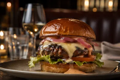 Gourmet Burger Close-Up in Moody Restaurant