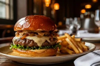 Gourmet Burger Close-Up in Warm Restaurant