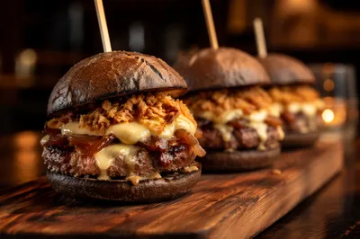 Gourmet Restaurant Burgers on Wooden Board