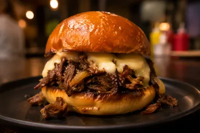 Gourmet Shredded Beef Burger Close Up