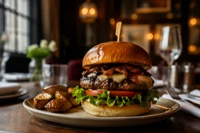 Gourmet Burger Close-Up in Upscale Restaurant