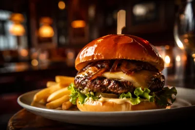 Gourmet Burger Close-Up in Warm Restaurant