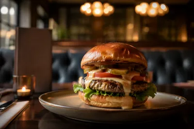 Gourmet Burger Close Up in Warm Restaurant