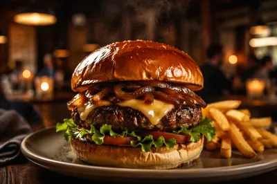 Gourmet Burger Close-Up in Warm Restaurant