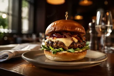 Gourmet Burger Close Up in Warm Restaurant