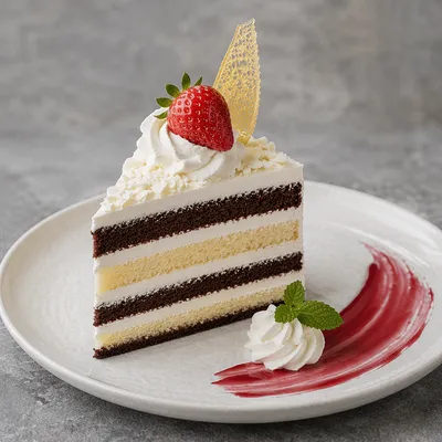 Elegant Layer Cake Slice with Berry Coulis