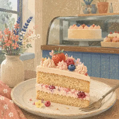 Berry Cake Slice in Cozy Bakery