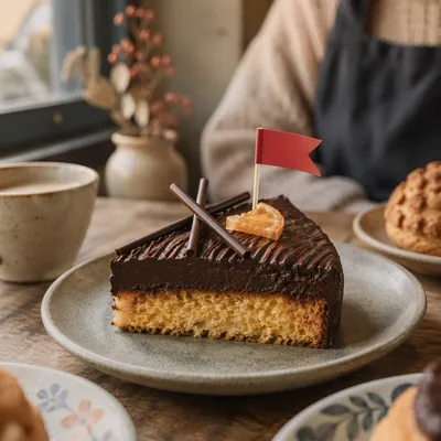 Decorated Chocolate Cake Slice in Cozy Bakery