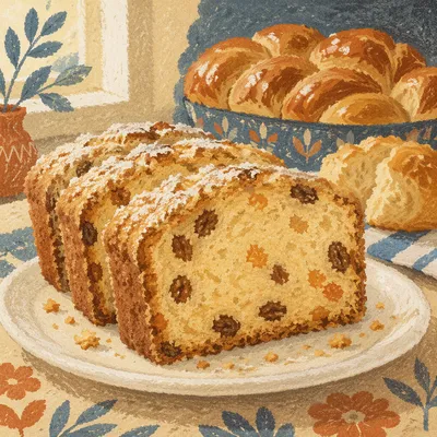 Golden Fruit Cake Slices on White Plate
