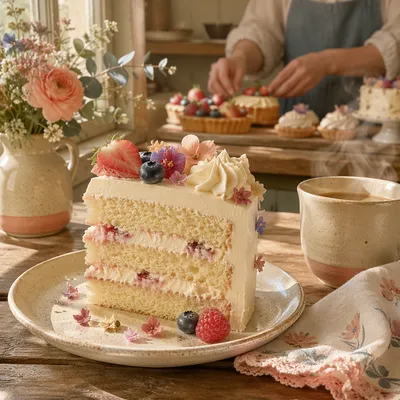 Decorated Vanilla Cake Slice in Cozy Bakery