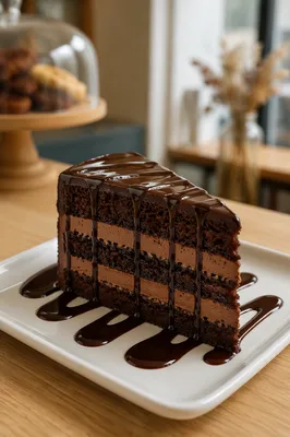 Chocolate Cake Slice on White Dessert Plate