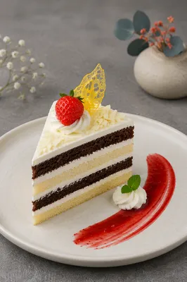Elegant Layer Cake Slice with Berry Coulis