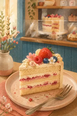 Elegant Berry Cake Slice in Bakery