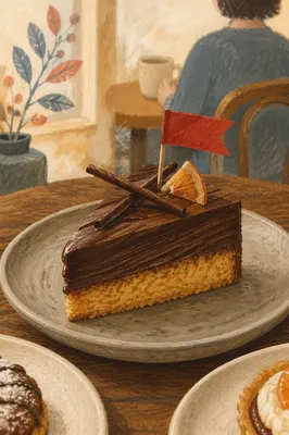 Decorated Chocolate Cake Slice in Cozy Bakery