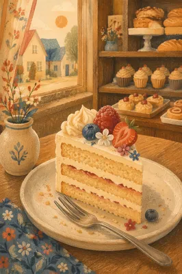 Decorated Cake Slice in Cozy Bakery Light