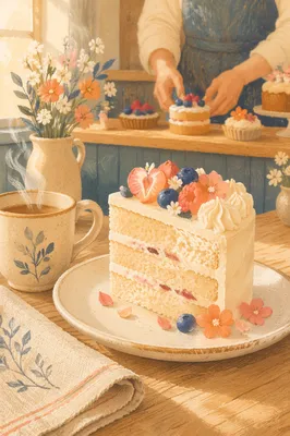 Decorated Vanilla Cake Slice in Cozy Bakery