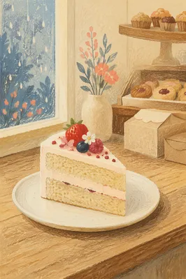 Decorated Cake Slice in Cozy Bakery