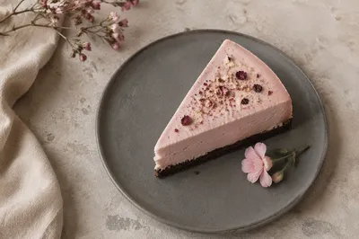 Pink Mousse Cake Slice on Slate Plate