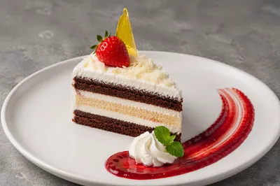 Elegant Layer Cake Slice with Berry Coulis