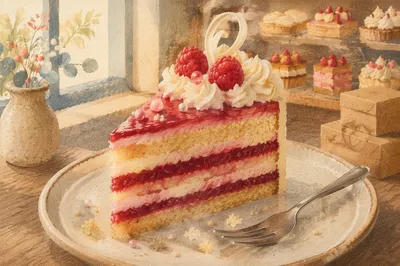 Elegant Raspberry Cake Slice in Bakery