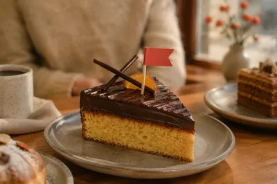 Decorated Chocolate Cake Slice in Cozy Bakery