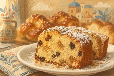 Golden Fruit Cake Slices on Ceramic Plate