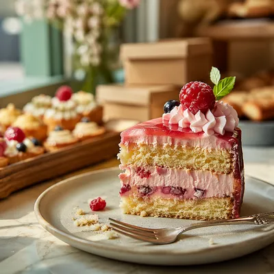 Elegant Raspberry Cream Cake Slice Closeup