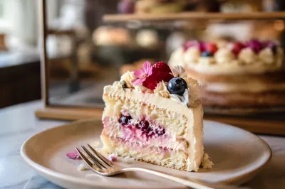 Elegant Cake Slice with Berries and Cream