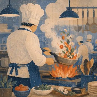 Chef Flambé in Busy Night Kitchen