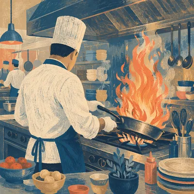 Chef Flambe Action in Restaurant Kitchen