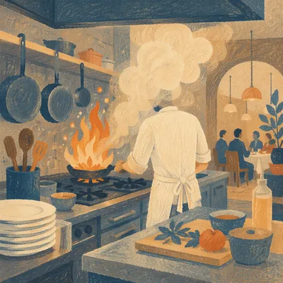 Chef Cooking Over Flame in Kitchen