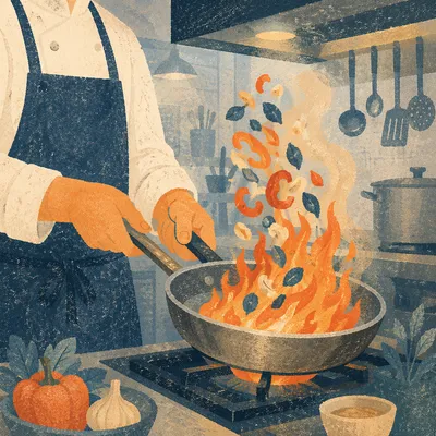 Chef Tossing Vegetables Over Kitchen Flame