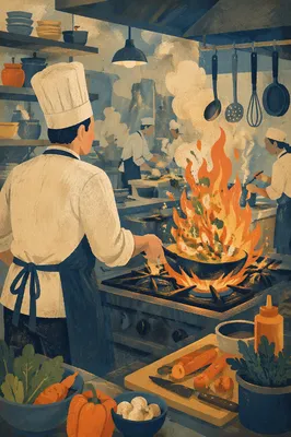 Chef Tossing Vegetables Over Kitchen Flame
