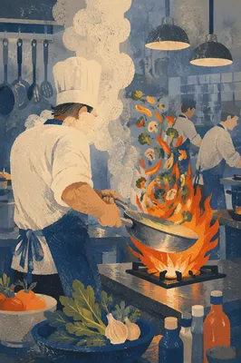 Chef Flambé in Busy Night Kitchen